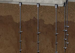 A graphic illustration of steel helical piers supporting a home foundation.